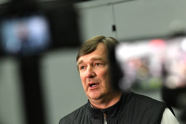 Georgia head coach Kirby Smart speak to members of the media during Georgia Pro Day at Payne Indoor Athletic Facility, Wednesday, Mar. 13, 2024, in Athens. (Hyosub Shin / Hyosub.Shin@ajc.com)