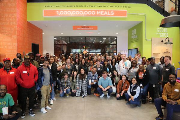 Atlanta Community Food Bank President and CEO Kyle Waide and team celebrate under the ticker when the one billionth meal served was recorded.
(Courtesy of Viviana Fonseca)