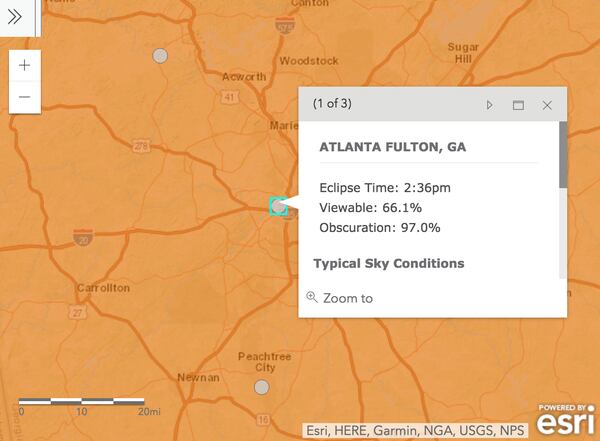 Screenshot of Atlanta cloudiness prediction from Interactive Eclipse Map developed by National Oceanic and Atmospheric Administration (NOAA).