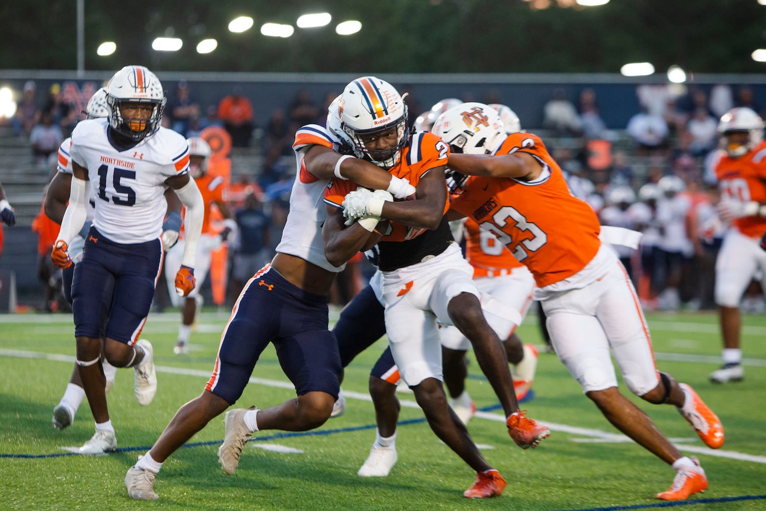 Yasin Muhammad, wide receiver for North Cobb, runs the ball during the North Cobb vs. Northview high school football game on Friday, September 16, 2022, in Kennesaw, Georgia. North Cobb led Northview 14-7 at the half. CHRISTINA MATACOTTA FOR THE ATLANTA JOURNAL-CONSTITUTION.