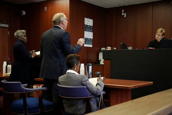 Attorney Charlene Glover-Hogan, left, and David Bennett, the attorney for Sabrina Owens, the former executor of Aretha Franklin's estate, right, appear during a probate hearing in August 2019.