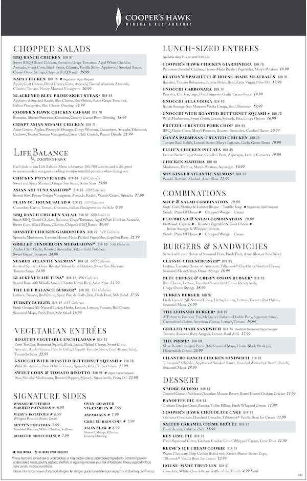 Coopers Hawk menu