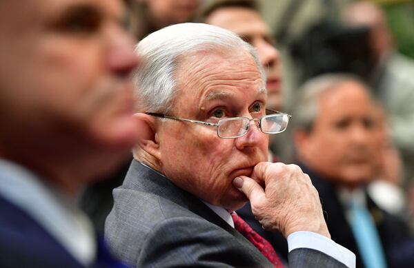 WASHINGTON, DC - MARCH 20:   Attorney General Jeff Sessions attends a law enforcement roundtable on sanctuary cities held by President Donald Trump, in the Roosevelt Room at the White House on March 20, 2018 in Washington, D.C. (Photo by Kevin Dietsch-Pool/Getty Images)