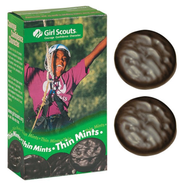 THIN MINTS -- A thin wafer covered with a smooth chocolaty coating. Made with natural peppermint.