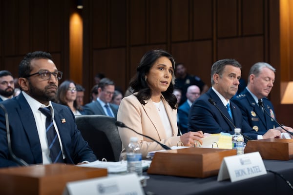 From left, FBI Director Kash Patel, Director of National Intelligence Tulsi Gabbard, CIA Director John Ratcliffe, and Defense Intelligence Agency Director Jeffrey Kruse, appear before the Senate Intelligence Committee for a hearing on worldwide threats, on Capitol Hill in Washington, Tuesday, March 25, 2025. (AP Photo/J. Scott Applewhite)