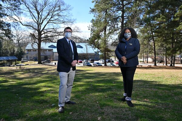 CJ Jackson, chair of The Conservancy at Historic Washington Park, and David Mitchell, executive director of the Atlanta Preservation Center, are working together to preserve the rich history of Washington Park. (Hyosub Shin / Hyosub.Shin@ajc.com)