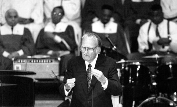 The Rev. Billy Graham addresses the congregation at Antioch Baptist Church North on Sunday, Oct. 23, 1994. AJC FILE PHOTO