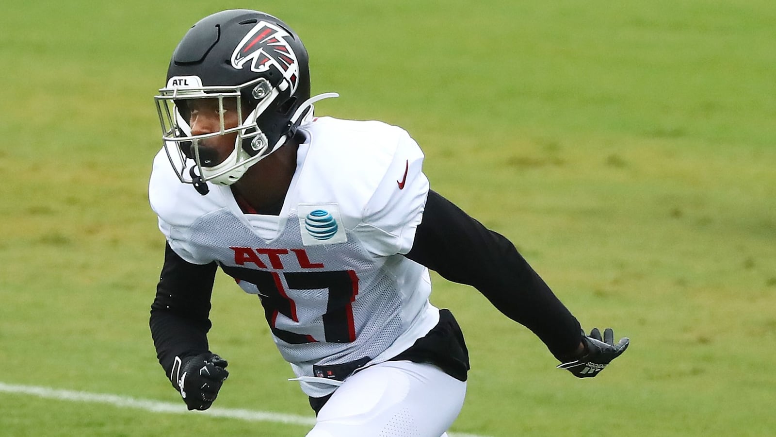 Falcons safety Damontae Kazee works on defense during the second scrimmage on Monday, August 24, 2020 in Flowery Branch.    Curtis Compton ccompton@ajc.com 