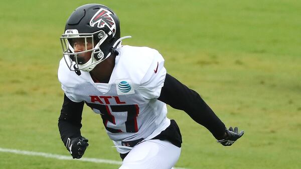 Falcons safety Damontae Kazee works on defense during the second scrimmage on Monday, August 24, 2020 in Flowery Branch.    Curtis Compton ccompton@ajc.com 