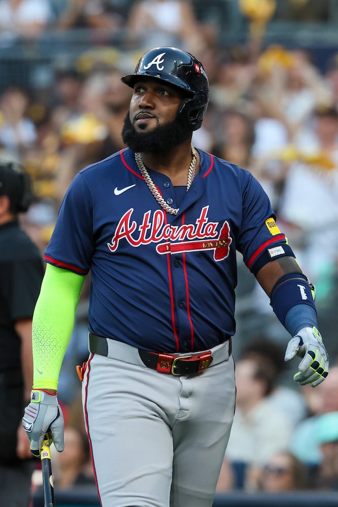 Atlanta Braves designated hitter Marcell Ozuna (20) reacts to a strikeout against the San Diego Padres during the first inning of the National League Division Series Wild Card Game One at Petco Park in San Diego on Tuesday, Oct. 1, 2024.   (Jason Getz / Jason.Getz@ajc.com)