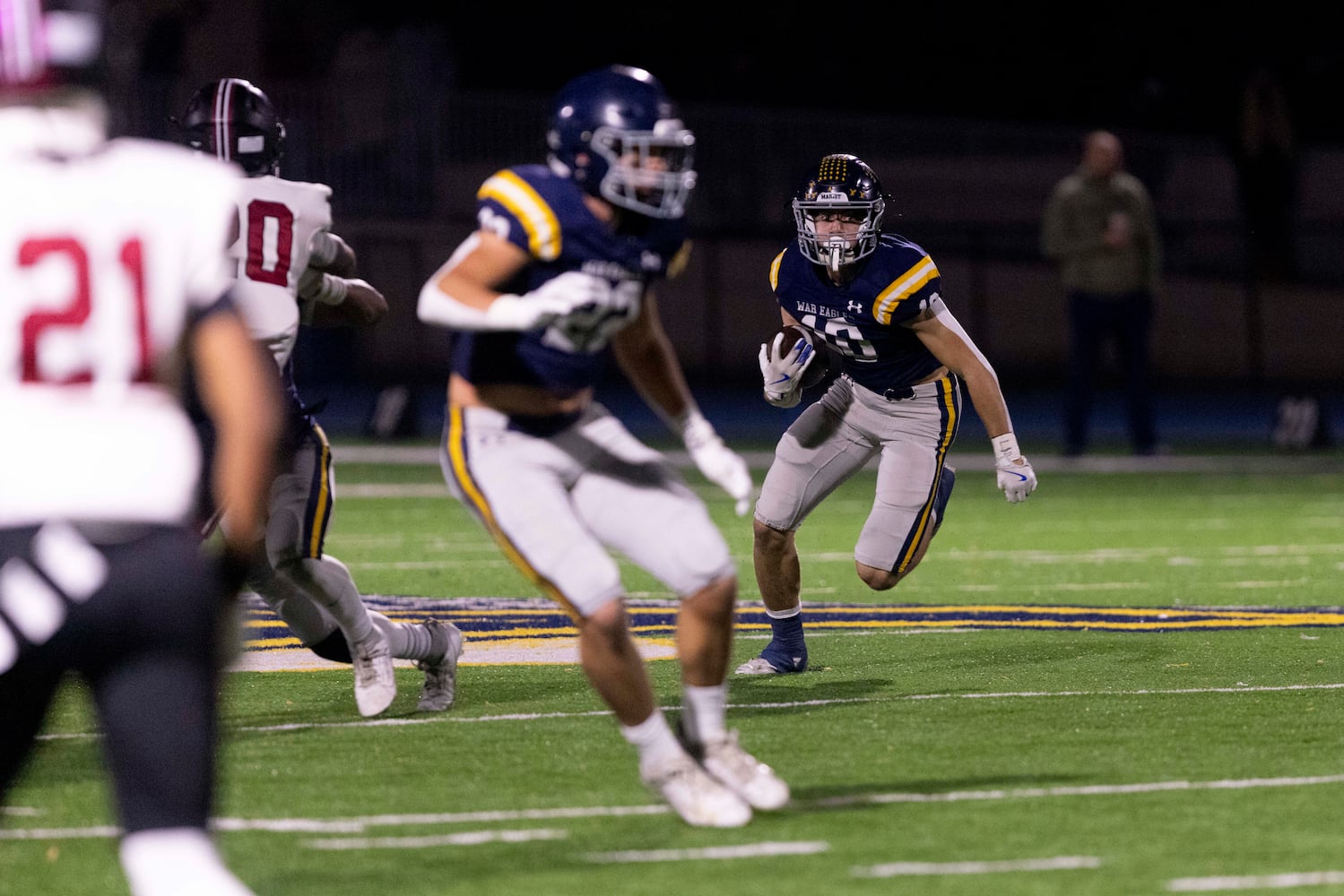 Marist’s Trace Gaynes (10) runs the ball during a NCAA High School football game between Marist and Warner Robins at Marist High School in Atlanta, GA., on Friday, November 15, 2024. (Photo/Jenn Finch, AJC)