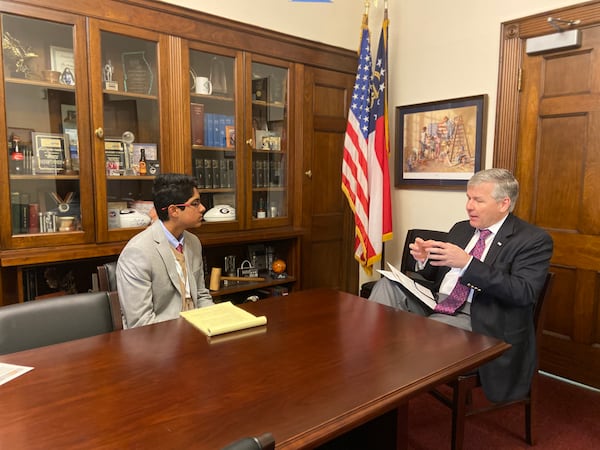 Here Vinayak Menon meets with then-Congressman Rob Woodall to talk about what can be done to keep young people away from drugs. Photo provided by Vinayak Menon