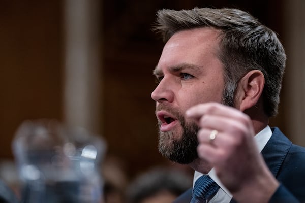 Sen. J.D. Vance (R-Ohio) gives an opening statement before the Senate Committee on Environment & Public Works on Capitol Hill in Washington, March 9, 2023. In his prepared remarks released ahead of the hearing, Norfolk Southern Chief Executive Alan Shaw said he is “determined to make it right” for the people of East Palestine, Ohio, after a train derailed there last month. (Haiyun Jiang/The New York Times)