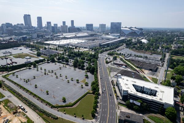 Drone aerial photos of the Georgia World Congress Center shot on Friday, May 3, 2024 including parking lots that could be redeveloped.   (Ben Gray / Ben@BenGray.com)