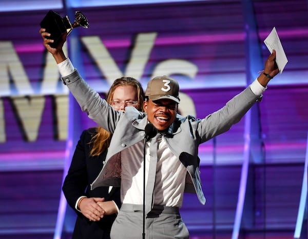 Recording artist Chance the Rapper accepts the award for best rap album during the 59th Grammy Awards on Feb. 12, 2017, in Los Angeles. KEVORK DJANSEZIAN/GETTY IMAGES