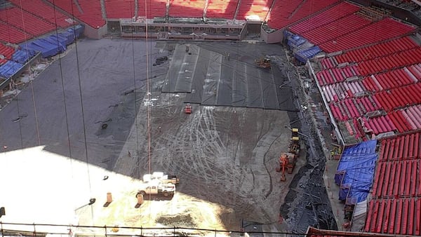  A view of the Mercedes-Benz Stadium field on Monday, via the stadium’s live web cam. (mercedesbenzstadium.com/EarthCam)