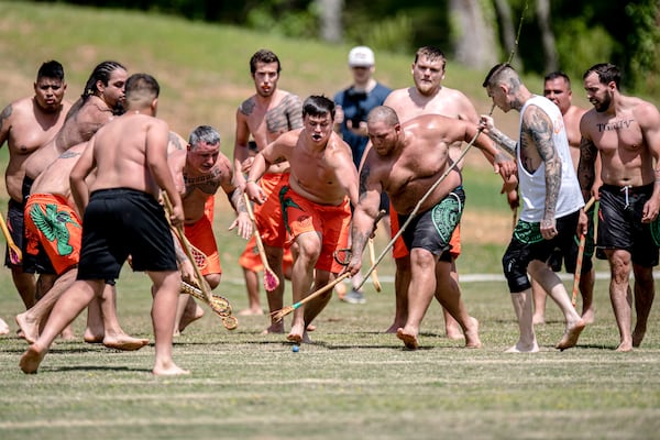 Stickball athletes from the Eastern Band of the Cherokee Indians demonstrated the sport in Ball Ground, Georgia, as part of an event organized with the Georgia Swarm, a professional indoor lacrosse team that competes in the Gas South Arena in Duluth. Courtesy of Nicole Palombo and Kyle Hess/Georgia Swarm