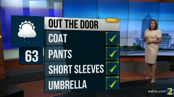 Channel 2 Action News meteorologist Eboni Deon is predicting a high of 63 degrees Monday and a 60% chance of rain. (Credit: Channel 2 Action News)
