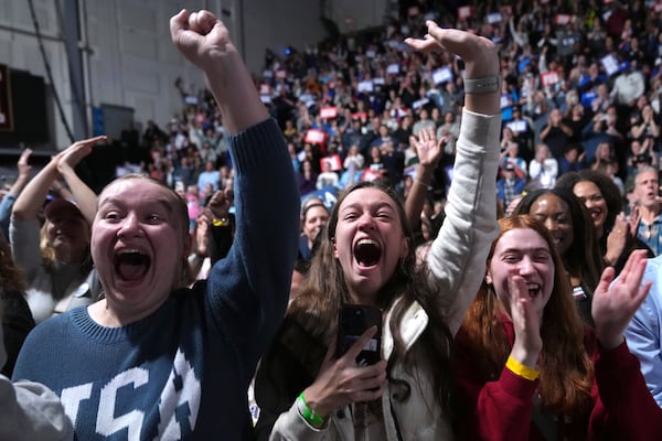 Supporters cheer as Democratic presidential nominee Vice President Kamala Harris speaks during a campaign rally in Memorial Hall at Muhlenberg College in Allentown, Pa., Monday, Nov. 4, 2024. (AP Photo/Jacquelyn Martin)