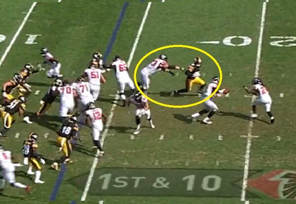 Pittsburgh left outside linebacker T.J. Watt used a speed rush to get around right tackle Ryan Schraeder to get the Steelers' third sack.