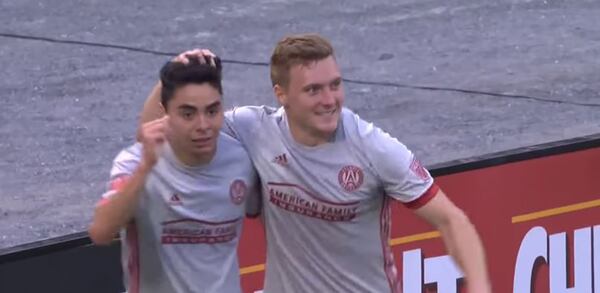 Miguel Almiron celebrates Julian Gressel’s (right) goal to open the scoring against D.C. United Wednesday, June 21, 2017.