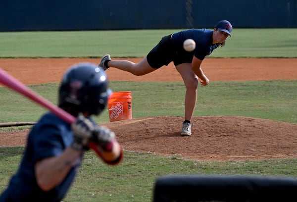 U.S. Women's closing pitcher Meggie Meidlinger throws against third baseman Ashton Lansdell at Wheeler High School’s baseball field on Wednesday, June19, 2024 in Marietta. (Hyosub Shin / AJC)