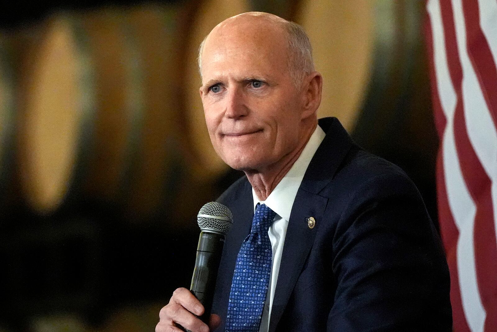 FILE - Sen. Rick Scott, R-Fla. speaks during a town-hall style meeting, Tuesday, Sept. 3, 2024, in Braselton, Ga., in support of a policy tour in support of Republican presidential nominee former President Donald Trump. (AP Photo/Mike Stewart, File)