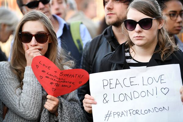 Labour party supporters hold up messages for the victims of the London terrorist attacks at the County Hotel on June 4, 2017 in Carlisle, England.  Campaigning for the election was suspended today, following a terror attack in central London on Saturday night. 7 people were killed and at least 48 injured in terror attacks on London Bridge and Borough Market. Three attackers were shot dead by armed police.  (Photo by Jeff J Mitchell/Getty Images)