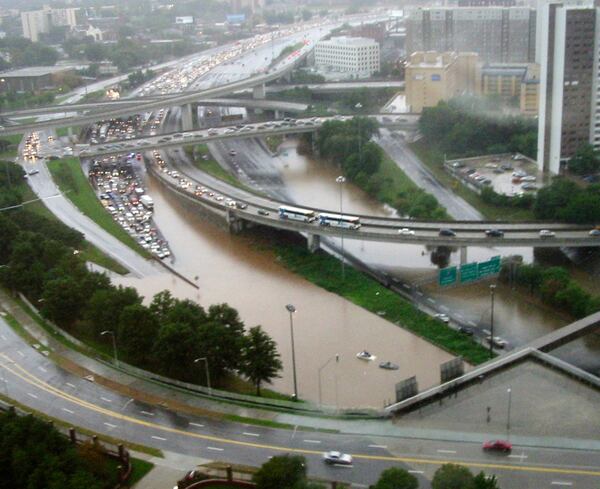 An overhead view looking South shows the flooded downtown connector just North of the International Boulevard/Ellis Street interchange.   Glenn Dyke, Special