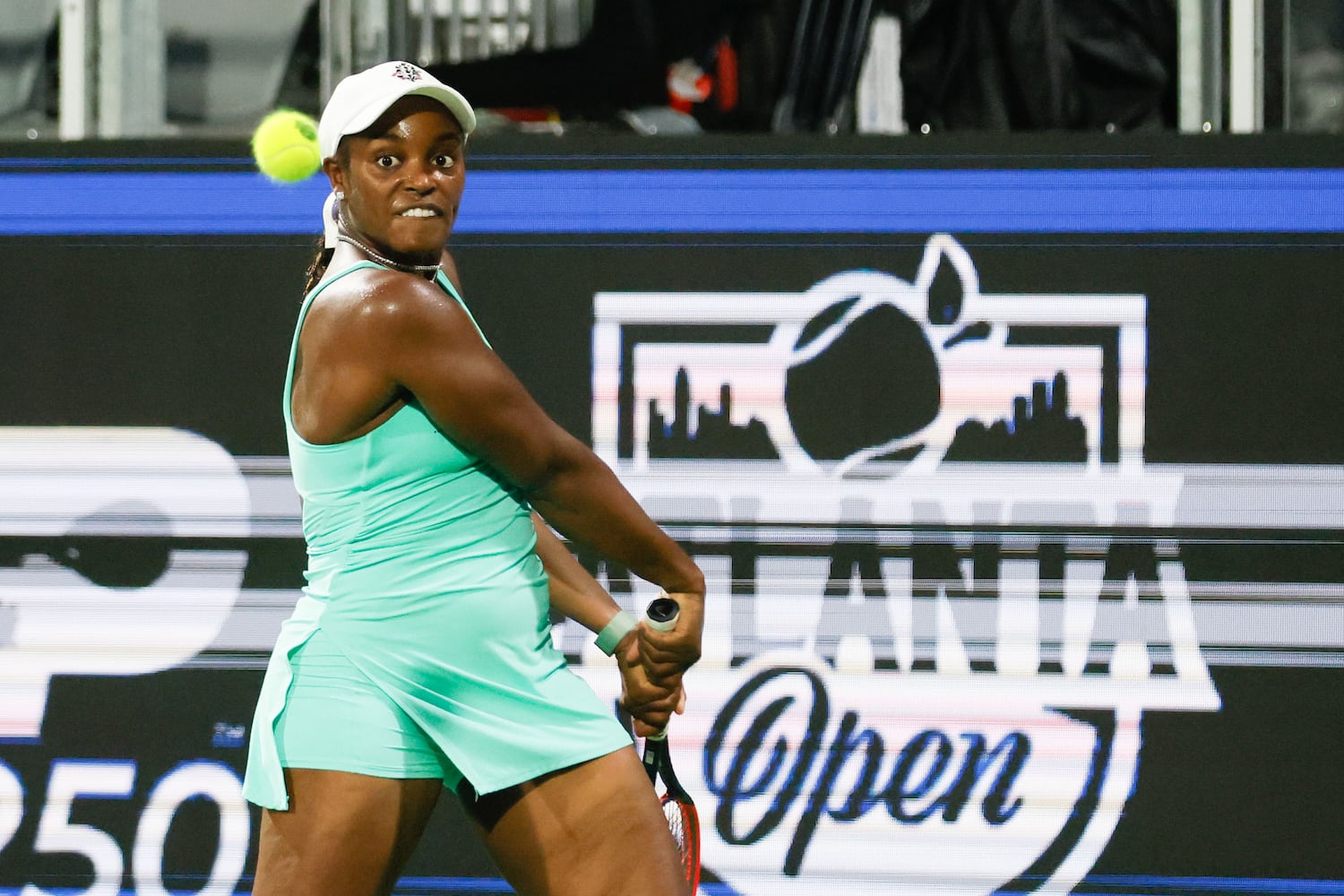 Sloane Stephens is concentrating on the ball to hit a backhand against Taylor Townsend during an Atlanta Open in Atlantic Station exhibition match on Sunday, July 21, 2024, in Atlanta.
(Miguel Martinez / AJC)