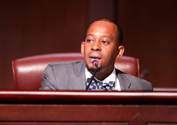 Council member Antonio Lewis during discussion as the Atlanta City Council held their first in person meeting since they were suspended at start of the pandemic In Atlanta on Monday, March 21, 2022.   (Bob Andres / robert.andres@ajc.com)