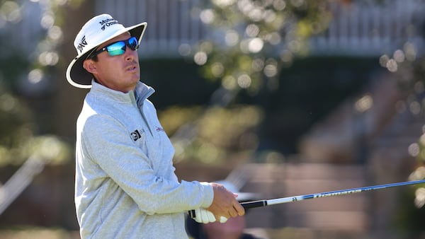 Joel Dahmen watches his drive from the 10th tee during the final final round of the RSM Classic golf tournament, Sunday, Nov. 24, 2024, in St. Simons Island, Ga. (AP Photo/Gary McCullough)