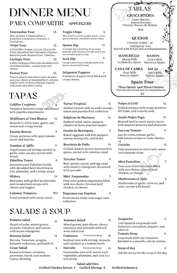 The menu of Arepa Grill Kitchen & Wine in Roswell.