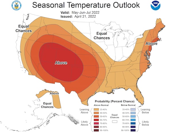 Above normal temperatures are expected in Georgia and much of the contiguous US over the next three months, NOAA projections show.