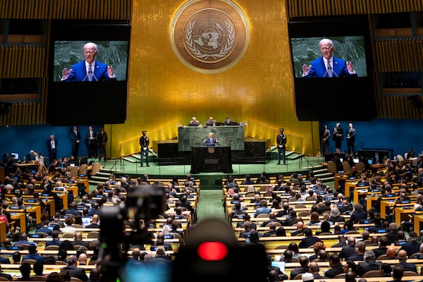  President Joe Biden addresses the 78th session of the United Nations General Assembly in Manhattan on Tuesday, Sept. 19, 2023. (Doug Mills/The New York Times) 