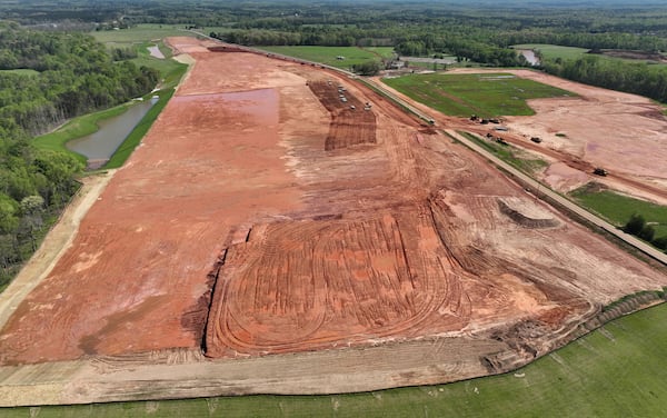 Aerial photograph shows the 2,000-acre Rivian factory site in southern Walton and Morgan counties, Thursday, March 30, 2023, in Social Circle. (Hyosub Shin / Hyosub.Shin@ajc.com)