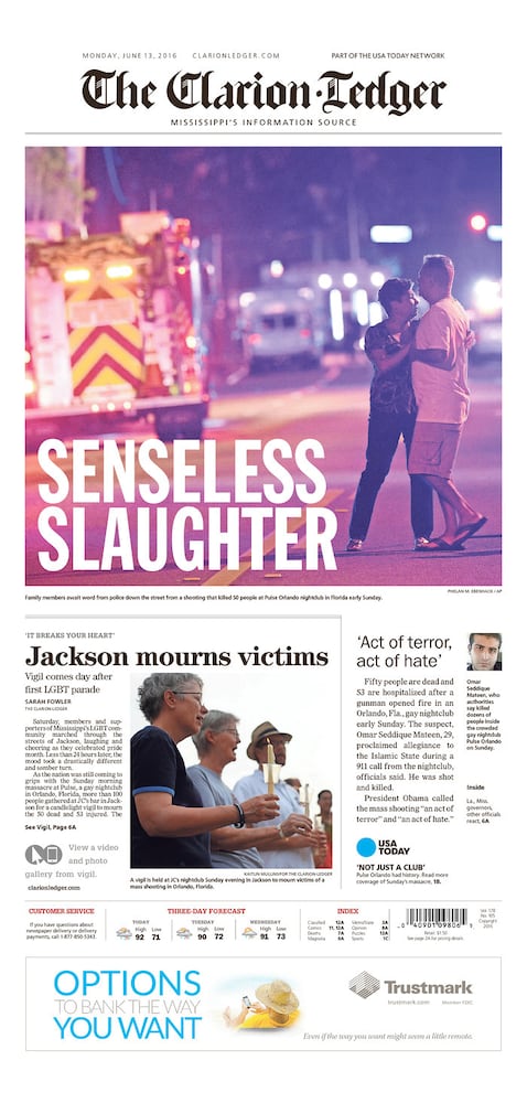 Newspaper front pages reflect Orlando tragedy