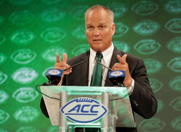 Miami coach Mark Richt answers a question during a news conference at the ACC media day in Charlotte, N.C., Wednesday, July 18, 2018. (AP Photo/Chuck Burton)