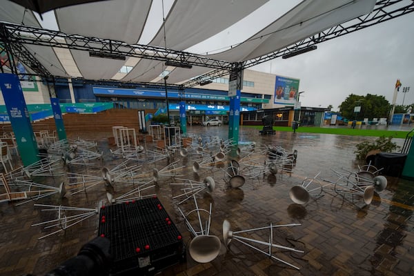 A general view of the Martin Carpena sportshall during the Billie Jean King Cup finals in Malaga, southern Spain, Wednesday, Nov. 13, 2024, after today's matches were canceled due to heavy rain and postponed until tomorrow. (AP Photo/Manu Fernandez)