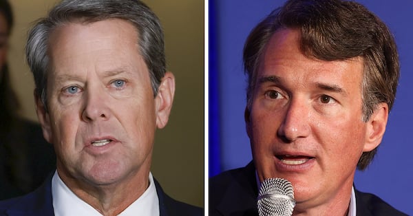 Gov. Brian Kemp (left) will campaign Tuesday in Alpharetta with Virginia Gov. Glenn Youngkin. Atlanta's suburbs have recently been tough territory for Republicans, but Youngkin found success on similar turf when he won the governorship in Virginia in 2021.