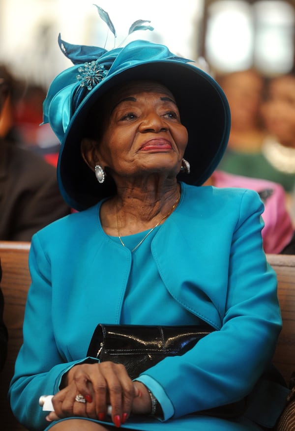 Christine King Farris watches a broadcast of President Barack Obama's inauguration after the annual MLK Commemorative Service at Ebenezer Baptist Church in Atlanta on Monday, Jan. 21, 2013. (Bita Honarvar/AJC)