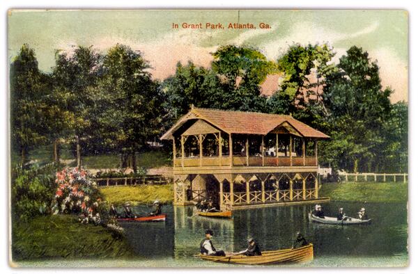 Where Erskine Fountain sits now was once known as Lake Abana Overlook. The boathouse shown in this postcard was located on the north end of the lake. Today, the former swimming hole is a parking lot for Zoo Atlanta. GPNA HISTORICAL COMMITTEE