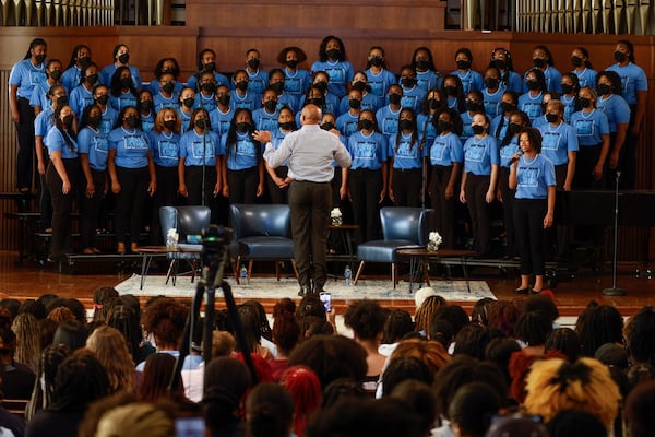 The Spelman College Glee Club sings a song at Sisters Chapel on Friday, Sept. 23, 2022, at Spelman College. (Natrice Miller/natrice.miller@ajc.com)  