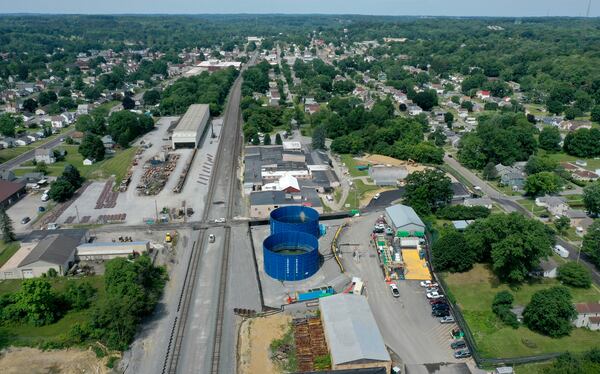 An aerial photo shows cleanup and remediation continuing near the site of the Feb. 3 Norfolk Southern freight train derailment, Saturday, July 15, 2023, in East Palestine. (Matt Freed for the Atlanta Journal Constitution)