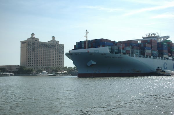 Savannah, Ga.: The Cosco Development, the largest container ship to ever call on an East Coast port, passes by the Westin Savannah Harbor resort en route to the Garden City Terminal on the Savannah River on Thursday, May 11, 2017. J. Scott Trubey/strubey@ajc.com