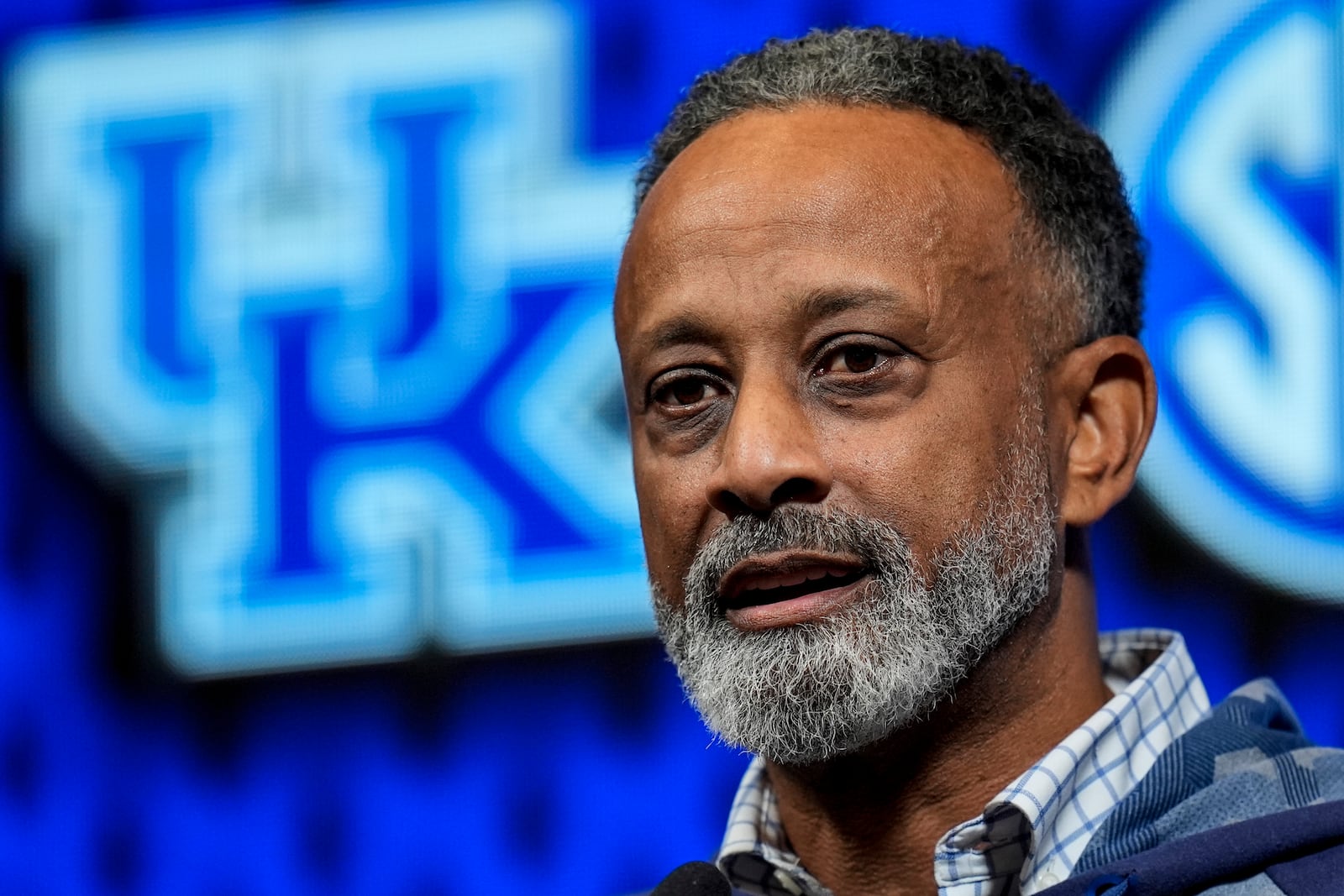 Kentucky NCAA college basketball women's head coach Kenny Brooks speaks during Southeastern Conference Media Day, Wednesday, Oct. 16, 2024, in Birmingham, Ala. (AP Photo/Mike Stewart)