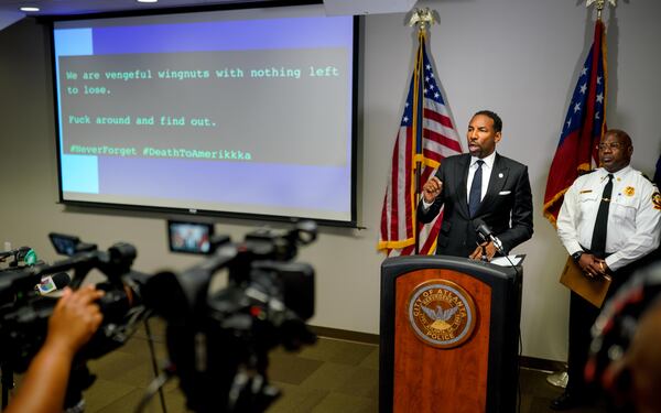 Atlanta Mayor Andre Dickens gives a statement on recent vandalism to Atlanta police and contractors' property. The vandalism is targeted towards the Atlanta police training facility and the contractors hired in its construction. Wednesday, July 5th, 2023 (Ben Hendren for the Atlanta Journal-Constitution)