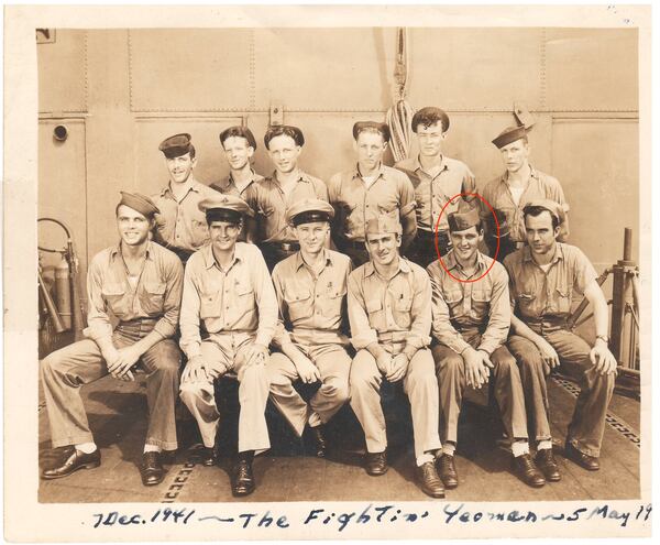 Bill Norberg, (circled) with fellow yeomans, handled secretarial functions for the captain’s office on the USS Enterprise during World War II.
(Courtesy of Jack Norberg)