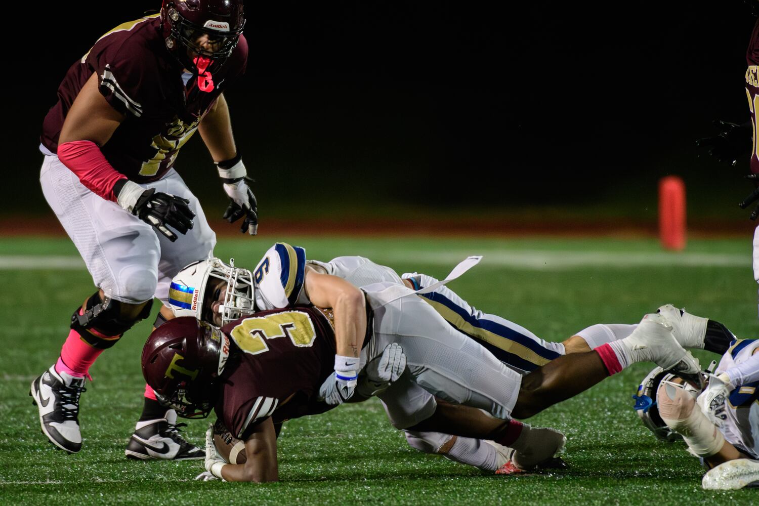 Tucker's Jordan Mccoy gets tackled during their game against Chamblee, October 6, 2023. (Jamie Spaar for the Atlanta Journal Constitution)