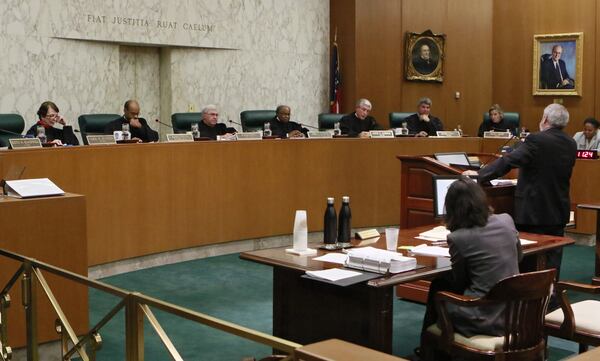 The Georgia Supreme Court in Atlanta heard two cases on Monday, Jan. 23, 2017 — one concerning an education program, and the other concerning the immunity of state laws. Here, the justices hear arguments from the lawyer for three abortion doctors who are challenging the state’s “fetal pain” law. The state asserts Georgia’s laws are immune from constitutional challenge. BOB ANDRES /BANDRES@AJC.COM